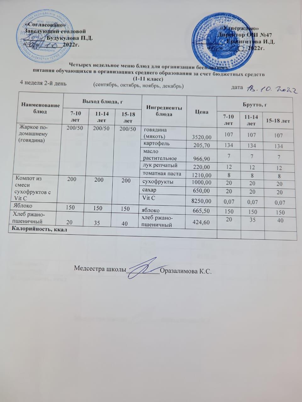 Ас мәзірі 4 апта 2-ші күн