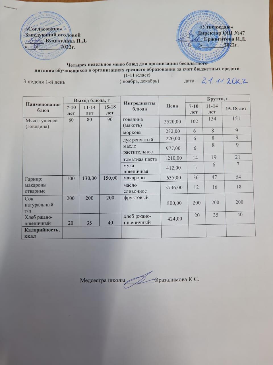 Ас мәзірі 3 апта 1 -ші күн