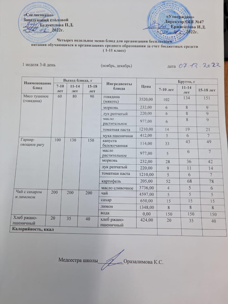 Ас мәзірі 1 апта 3-ші күн