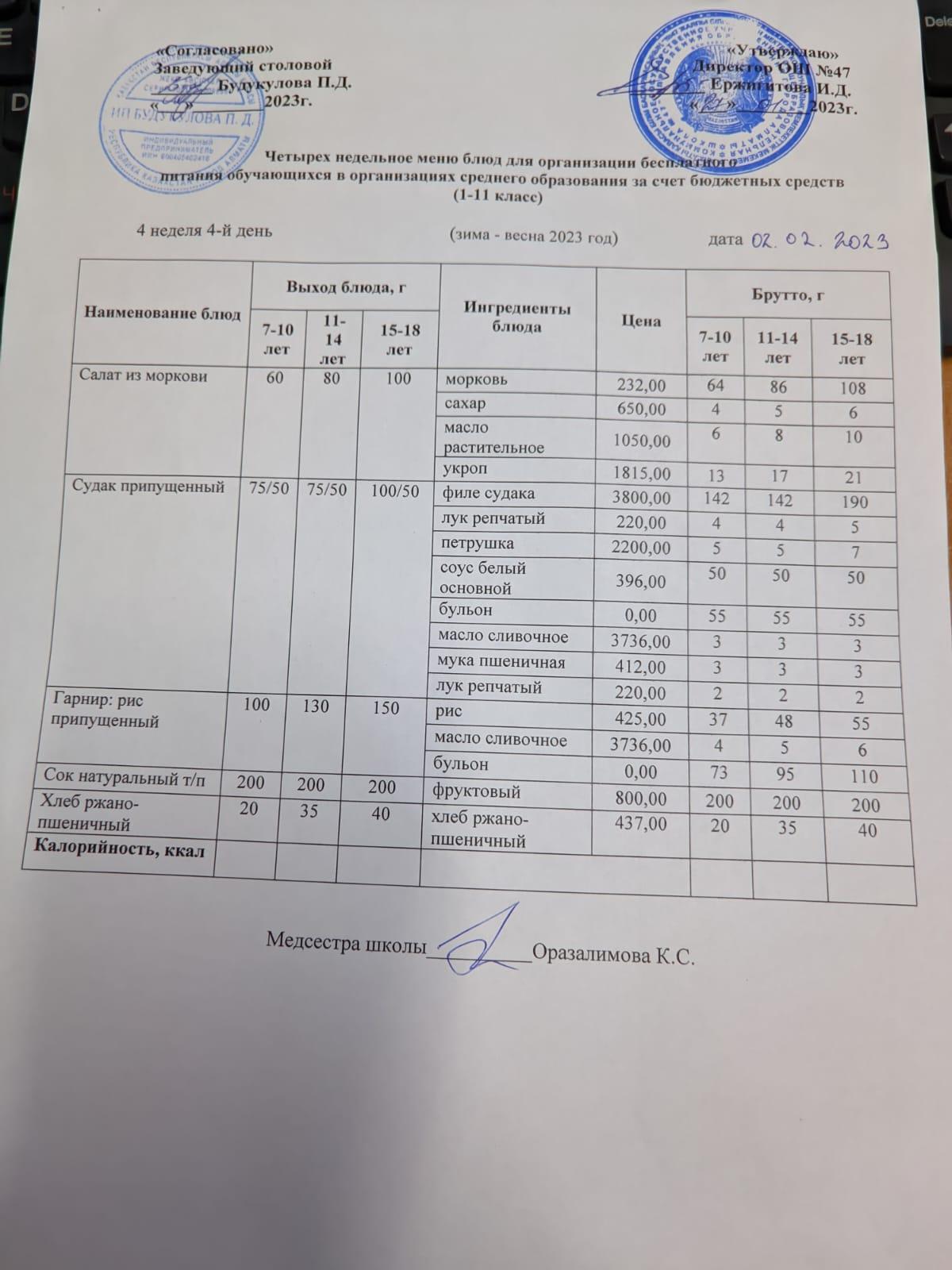 Ас мәзірі 4 апта 4-ші күн