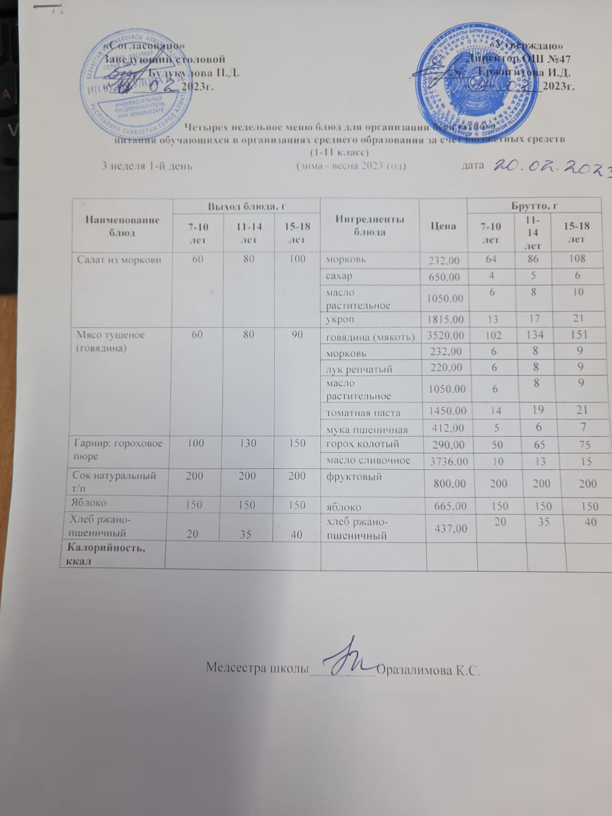 Ас мәзірі 3 апта 1-ші күн