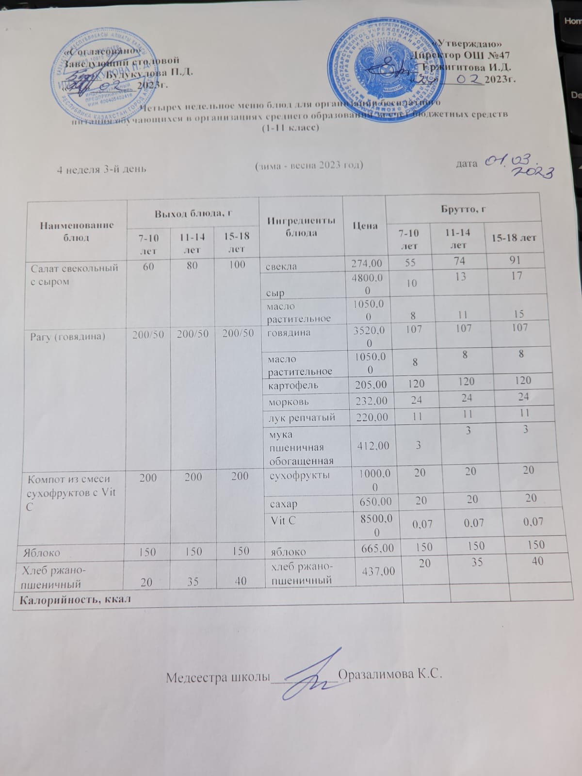 Ас мәзірі 4 апта 3-ші күн