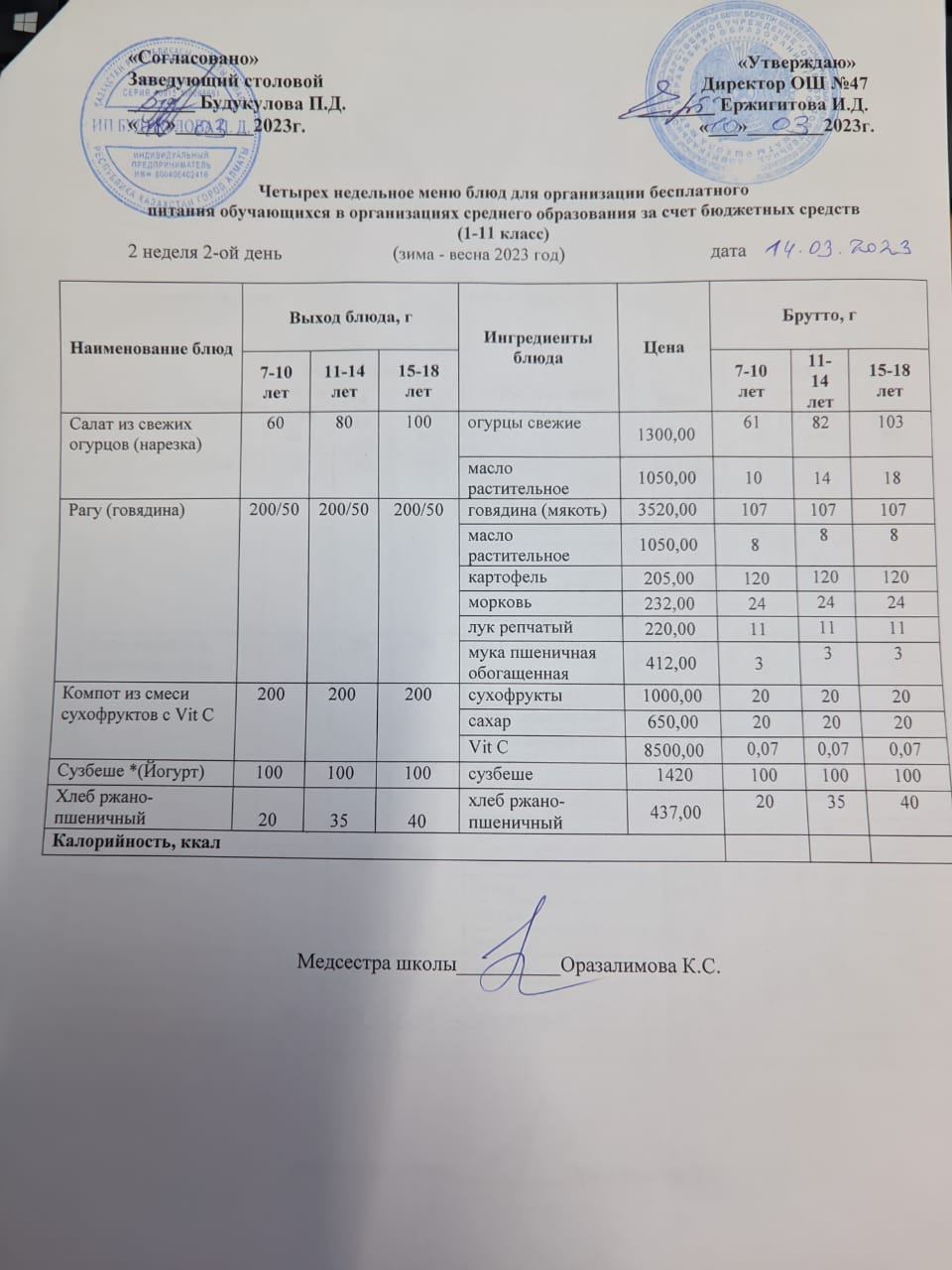 Ас мәзірі 2 апта 2-ші күн