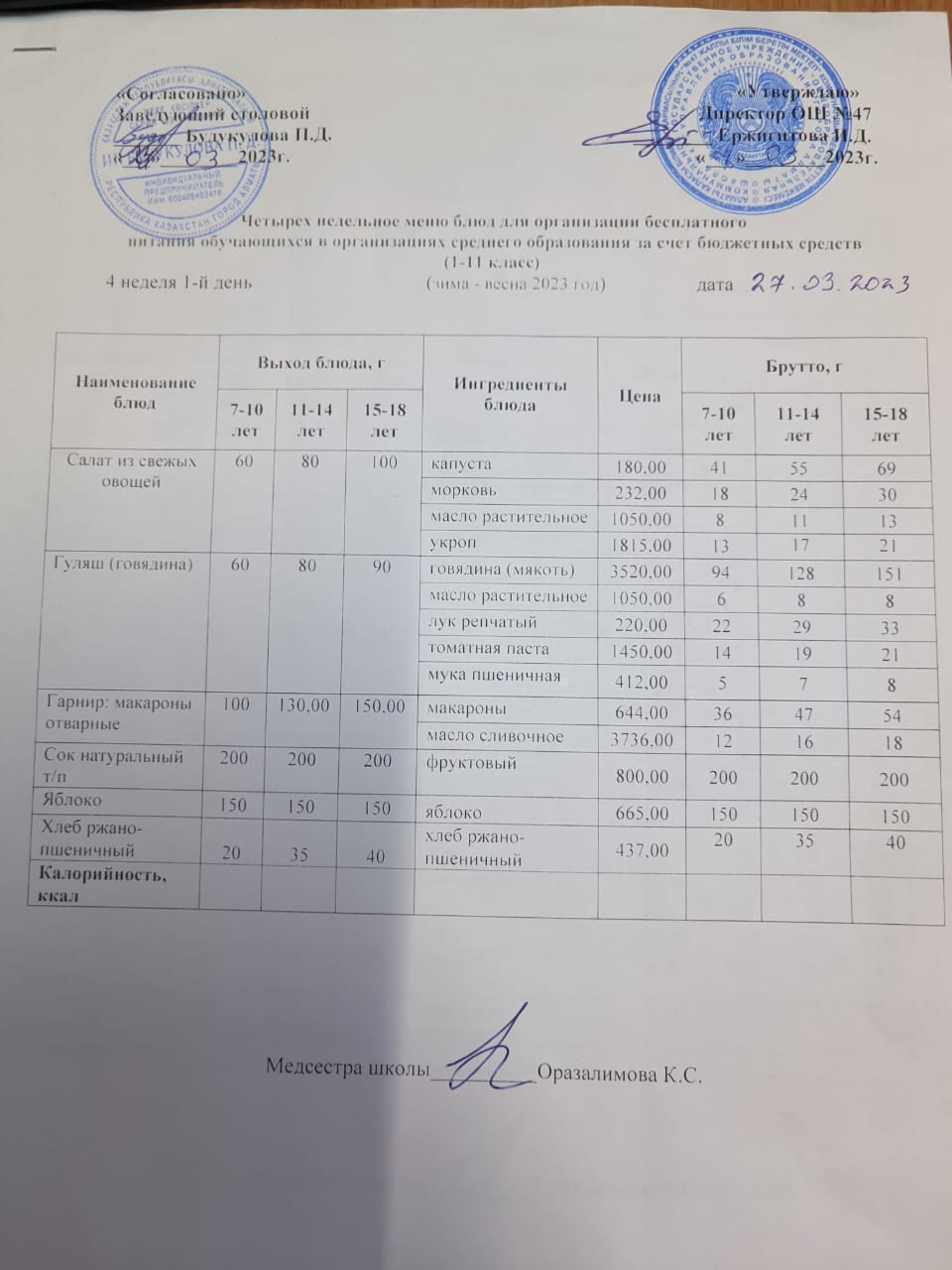 Ас мәзірі 4 апта 1-ші күн