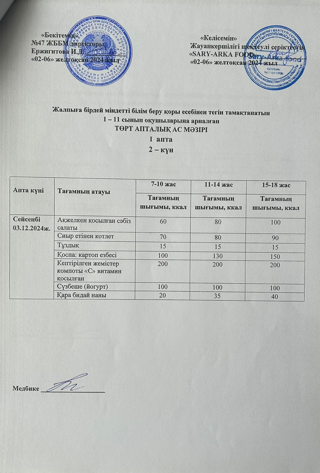 Ас мәзірі 1-апта 2-күн