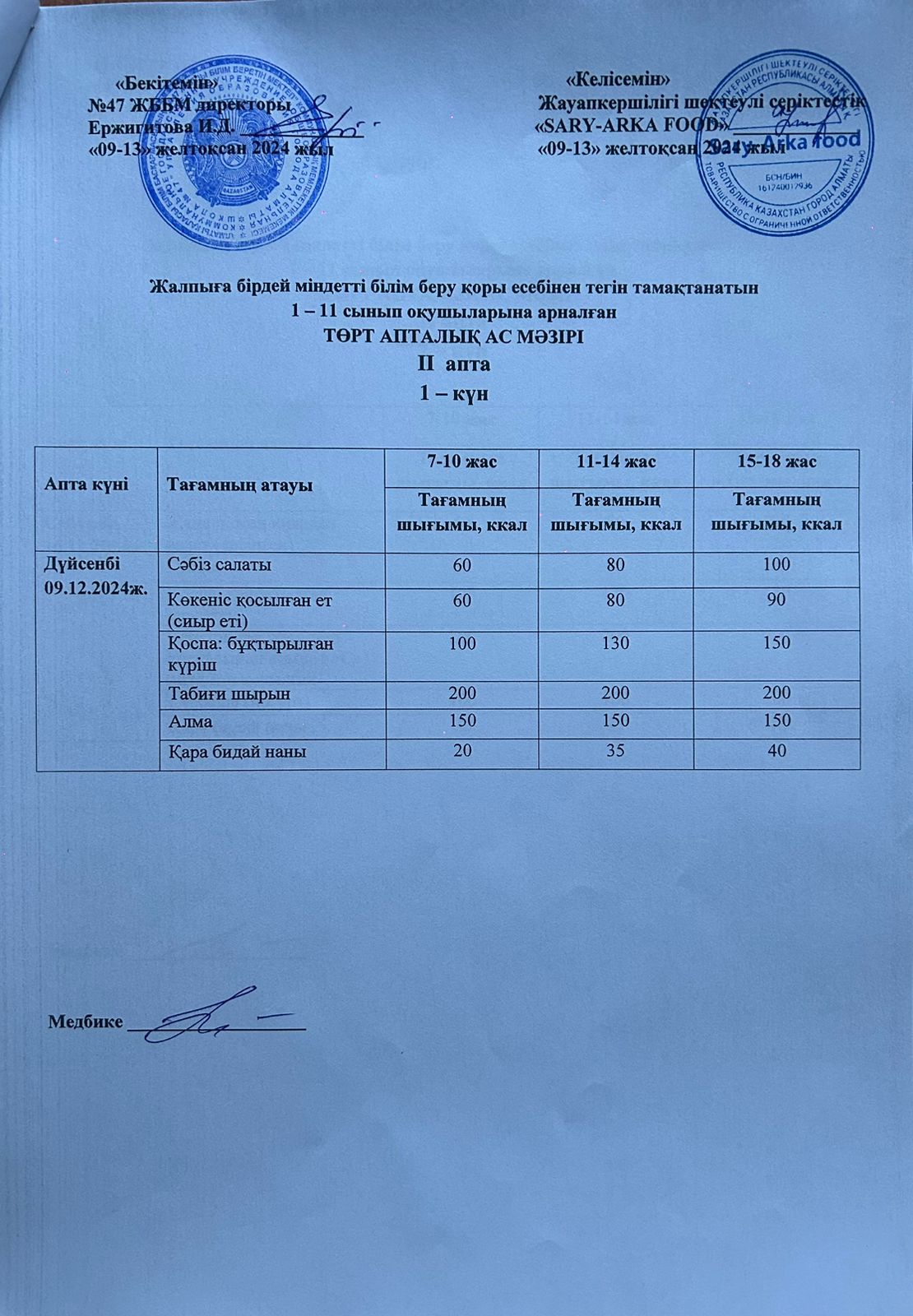 Ас мәзірі 2-апта 1-күн