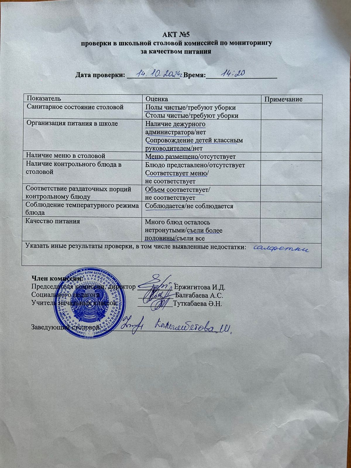 Тамақтану сапасына мониторинг жүргізу актісі