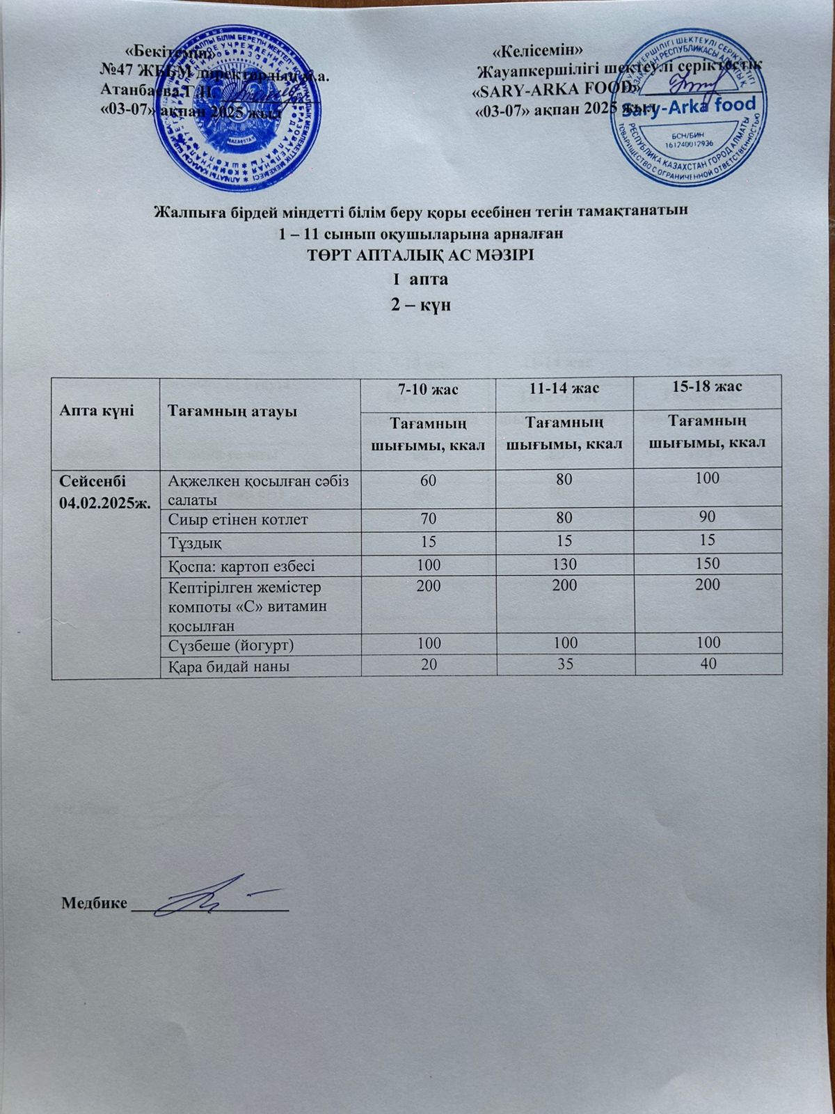 Ас мәзірі 1-апта 2-күн