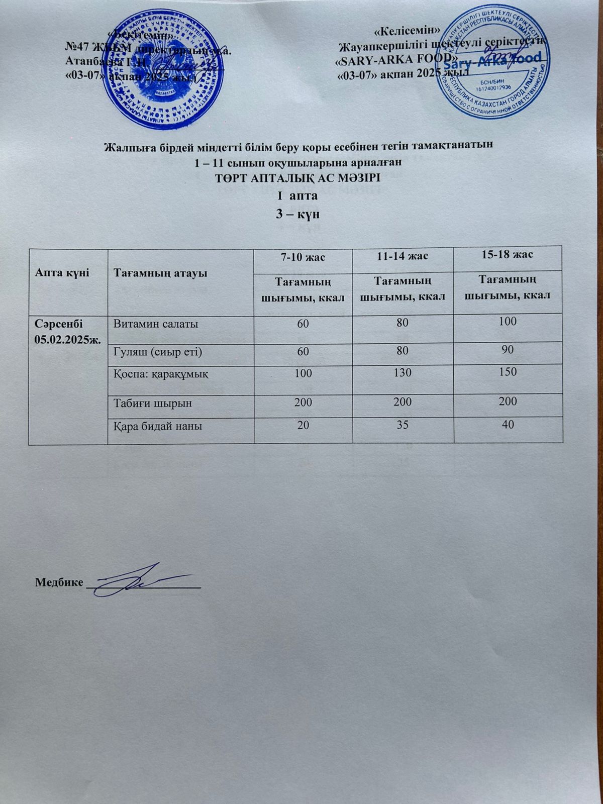 Ас мәзірі 1-апта 3-күн
