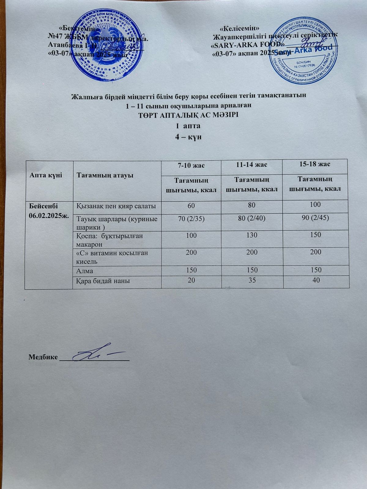 Ас мәзірі 1-апта 4-күн