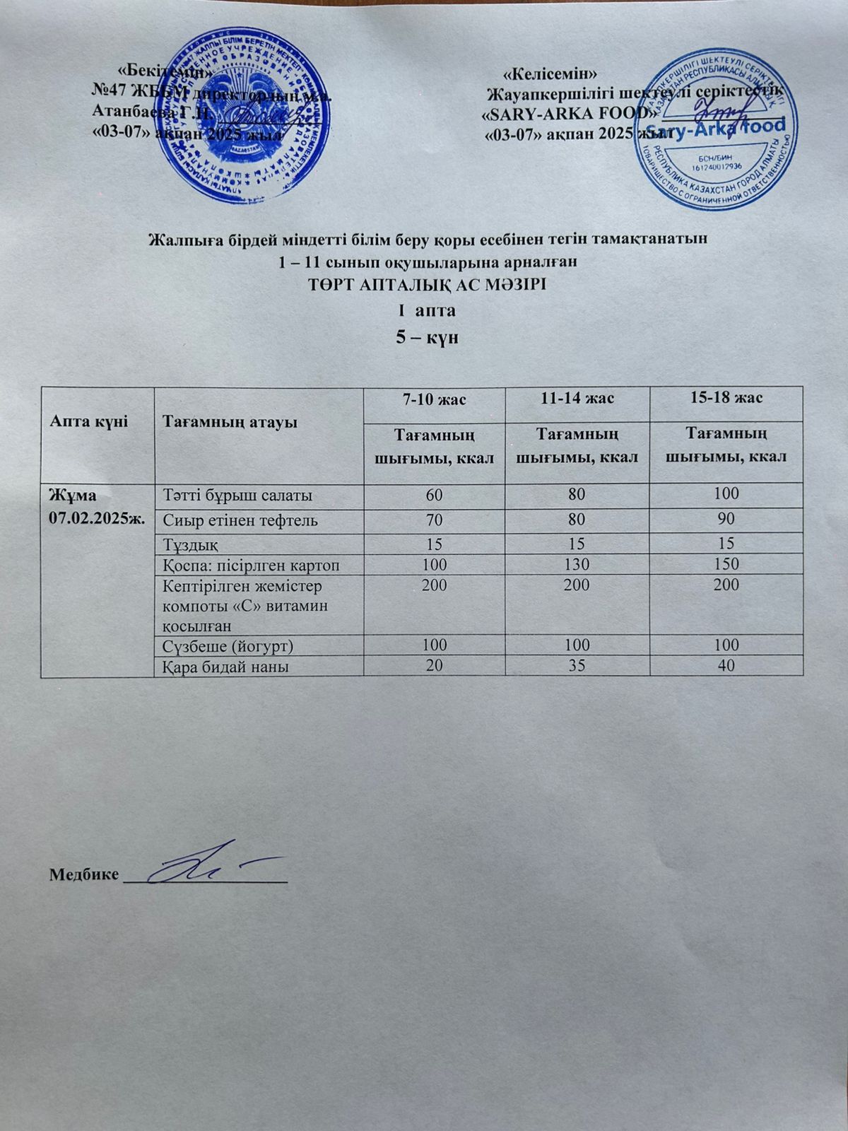 Ас мәзірі 1-апта 5-күн