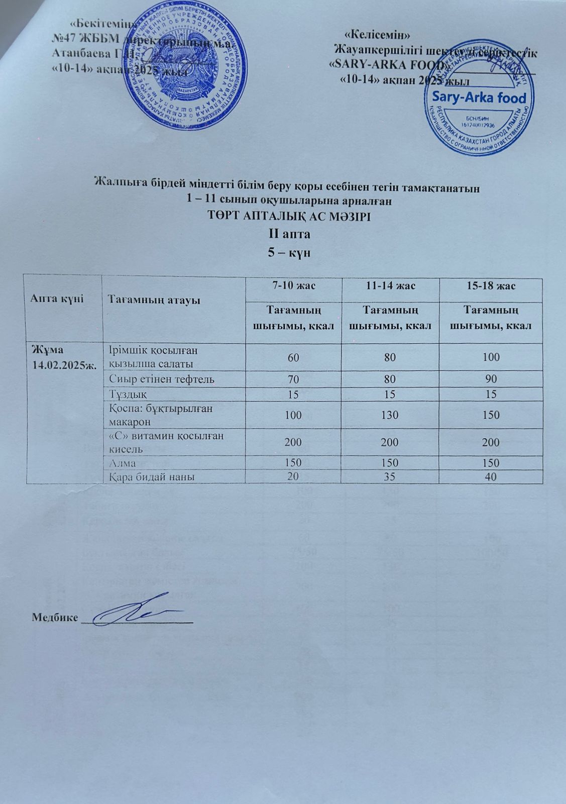 Ас мәзірі 2-апта 5-күн
