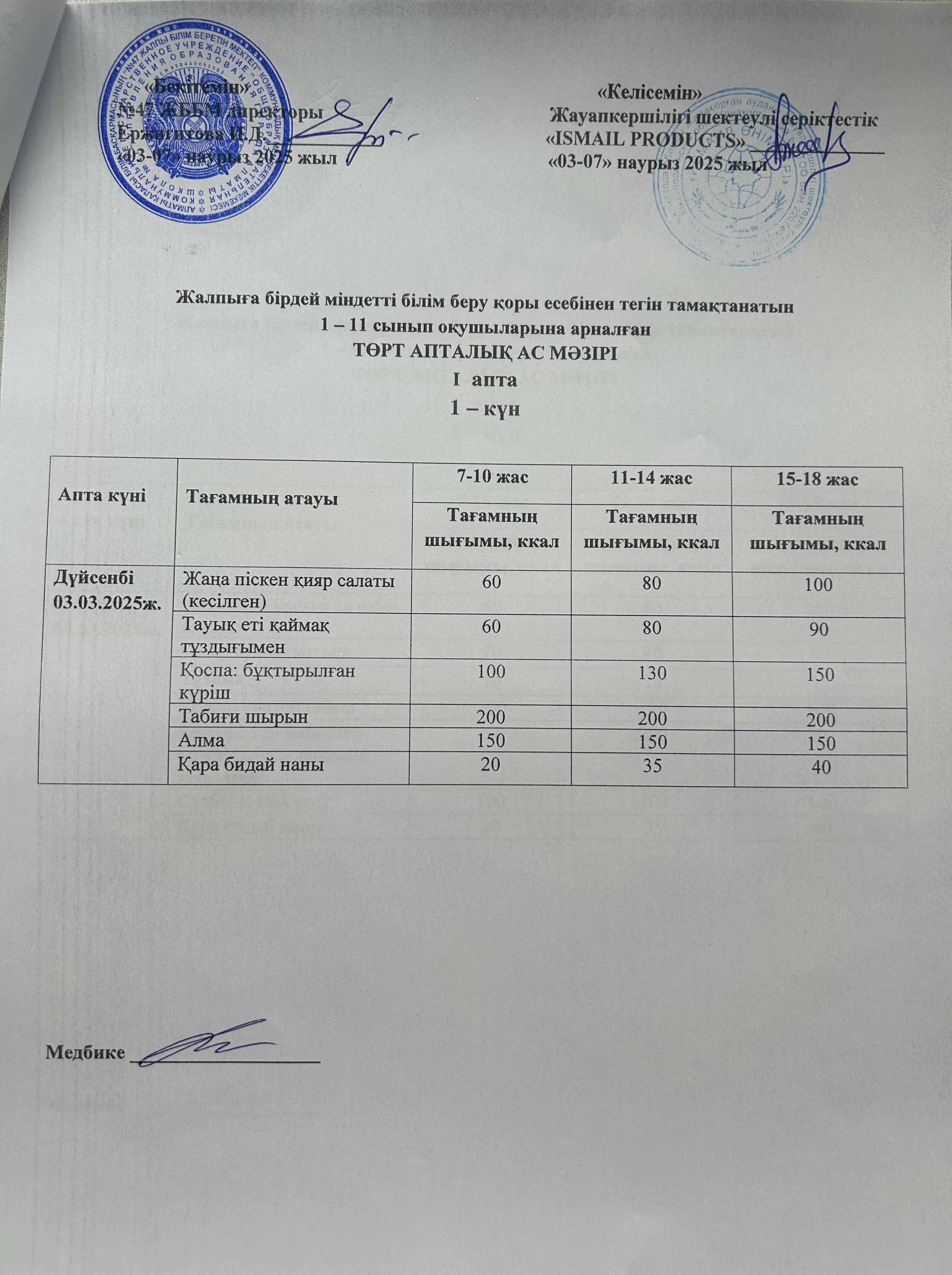 Ас мәзірі 1-апта 1-күн