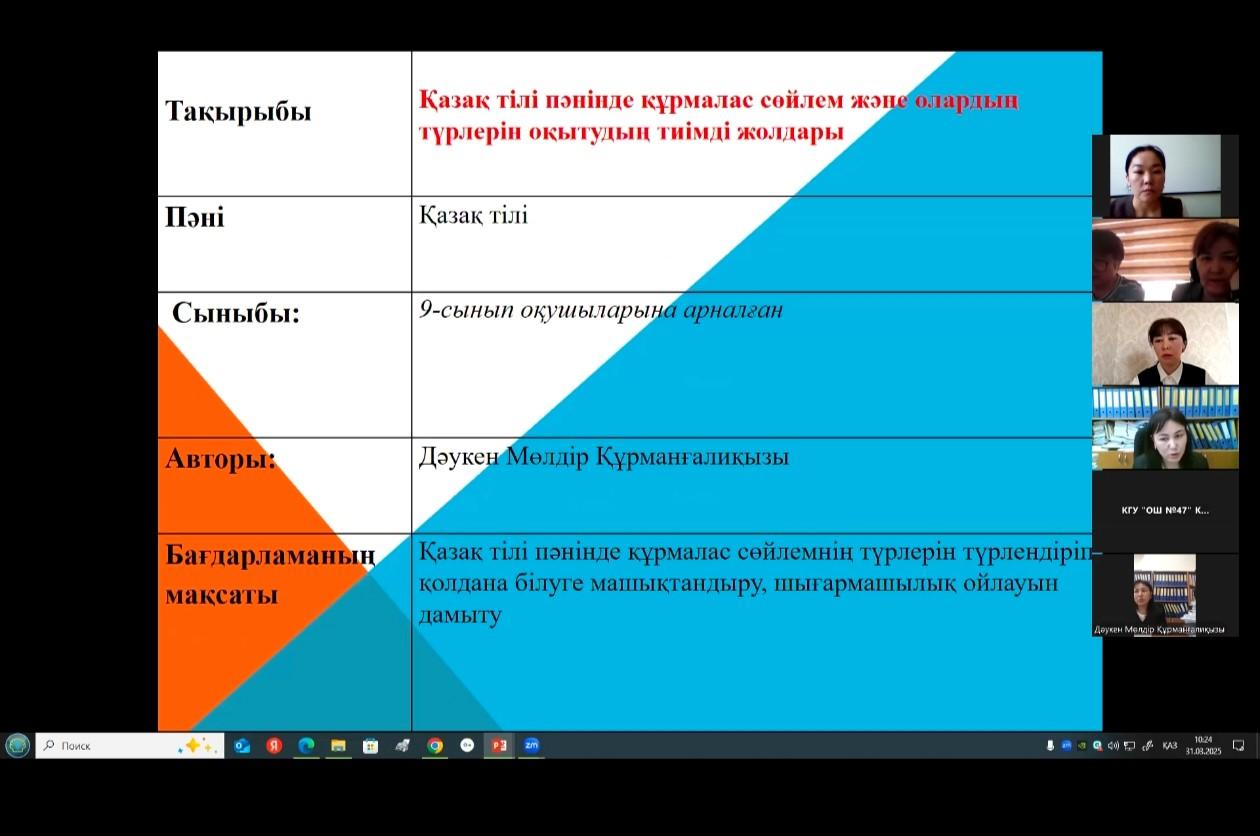 «Педагог-зерттеуші» санатына тапсыратын/растайтын қазақ тілі мен әдебиеті пәні педагогінің педагогикалық тәжірибесін Алматы қаласына тарату туралы вебинар
