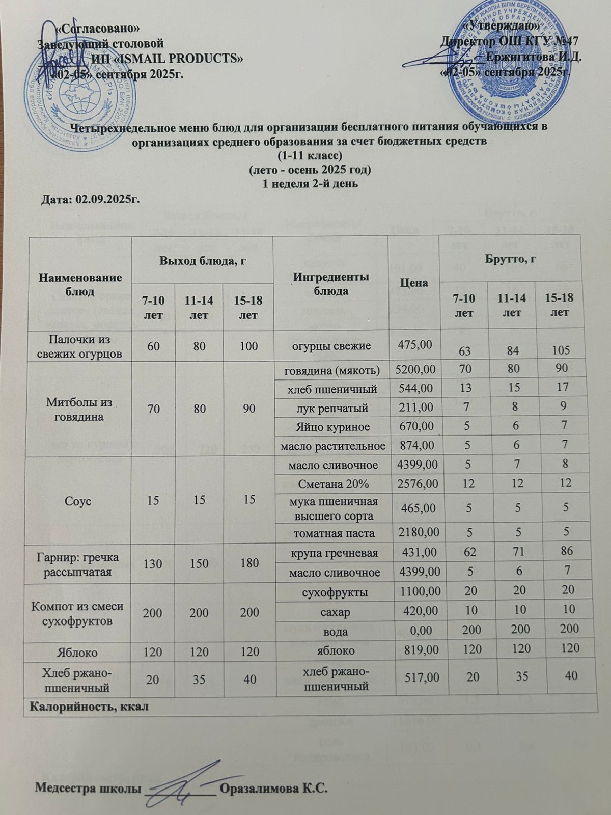 Ас мәзірі 1-апта 2-күн