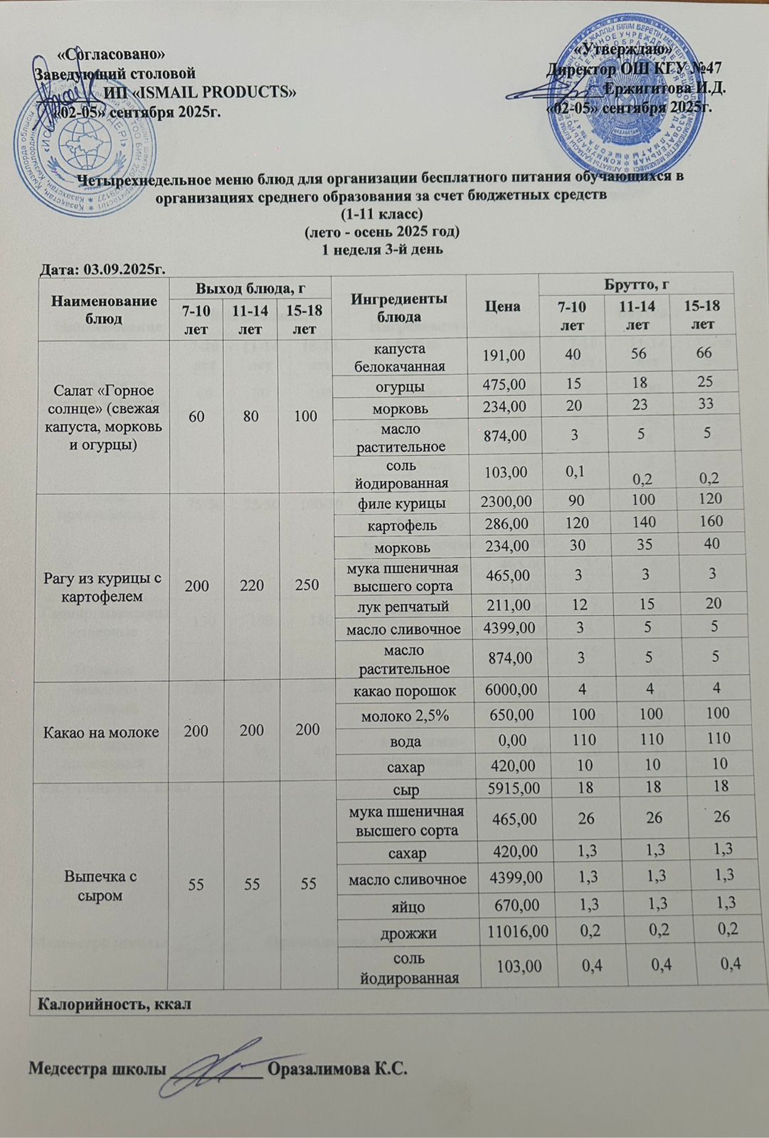 Ас мәзірі 1-апта 3-күн