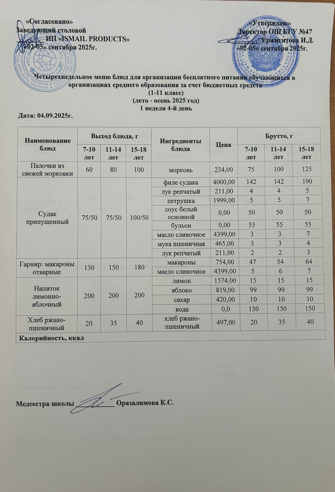 Ас мәзірі 1-апта 4-күн