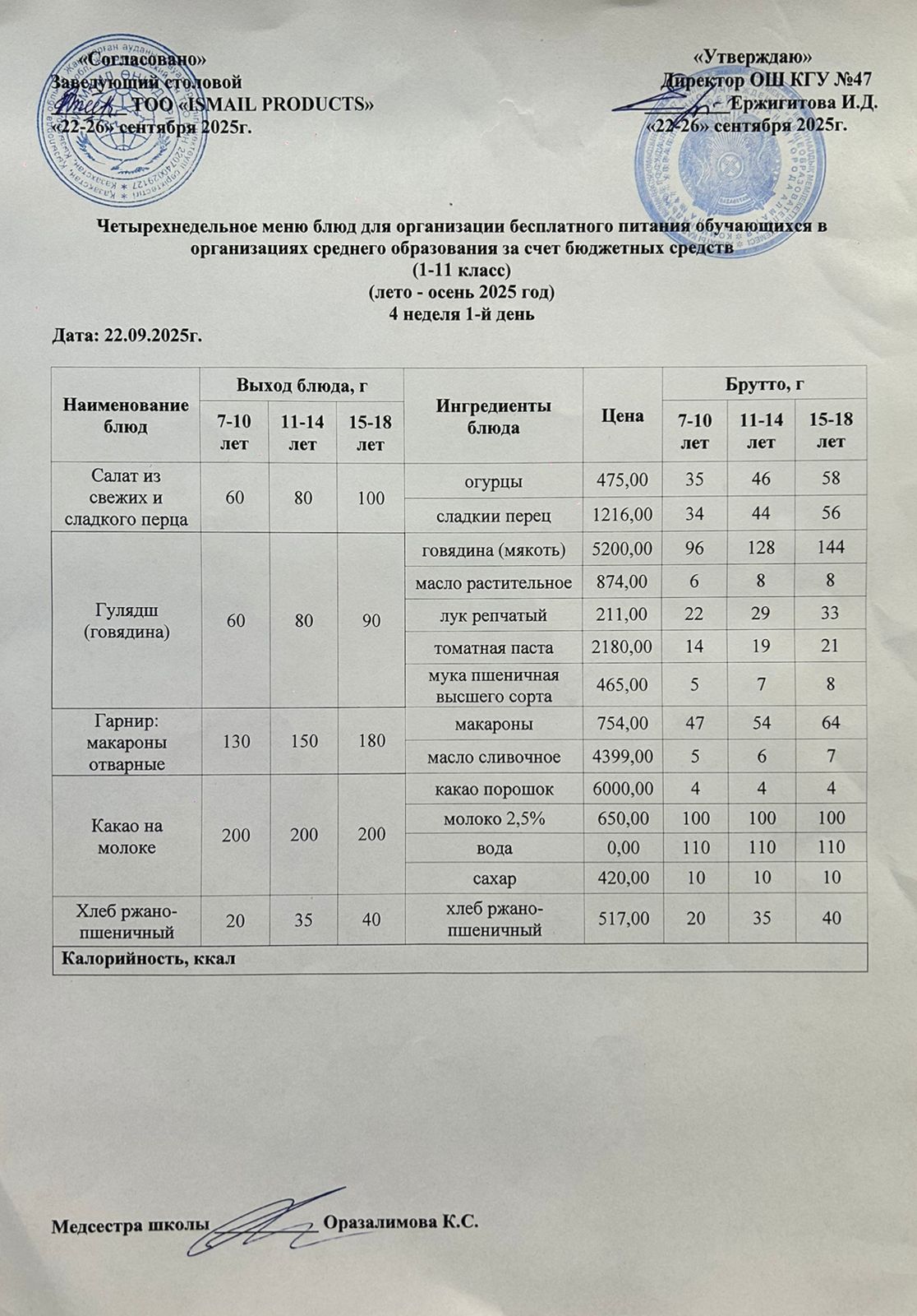 Ас мәзірі 4-апта 1-күн