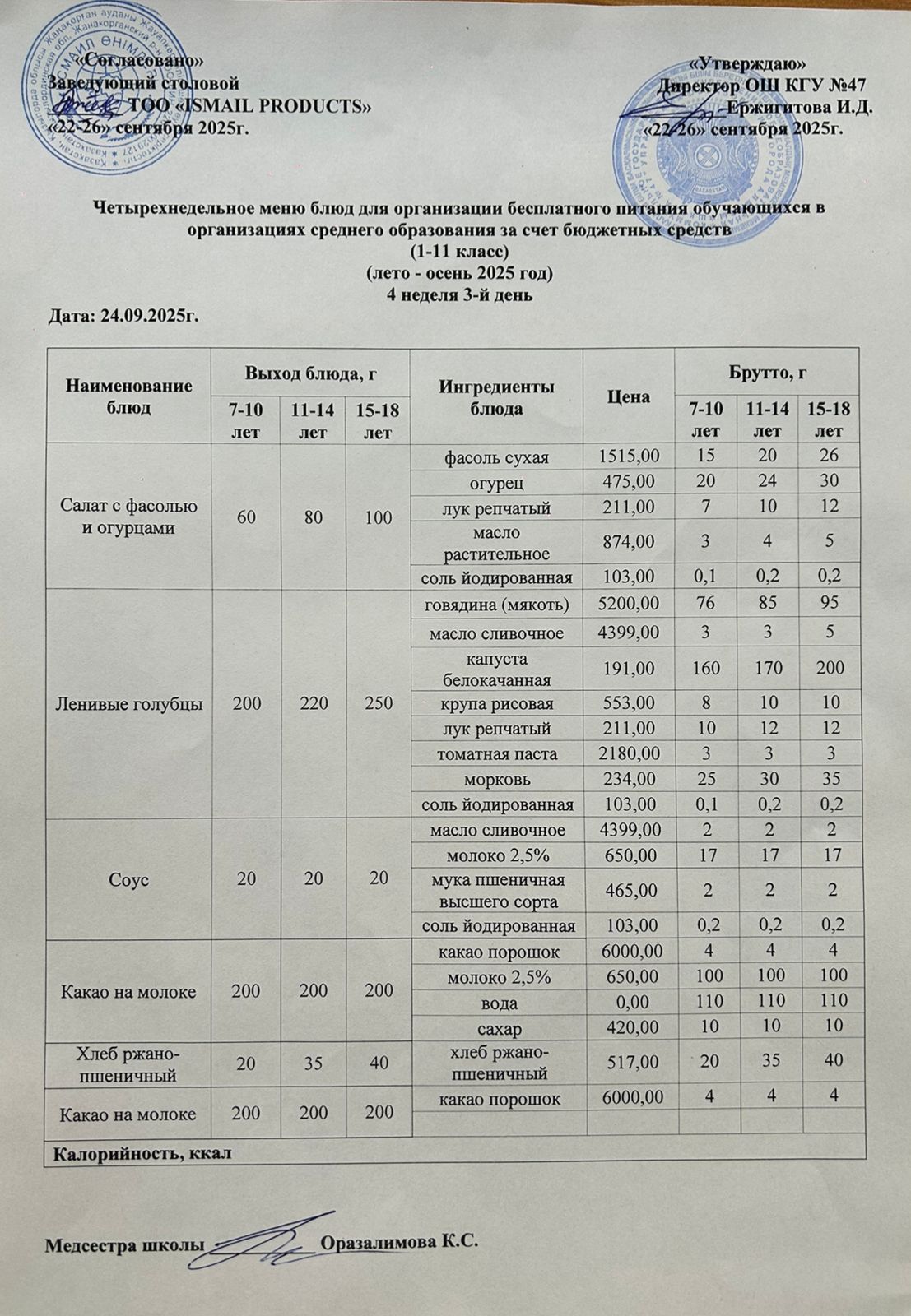 Ас мәзірі 4-апта 3-күн