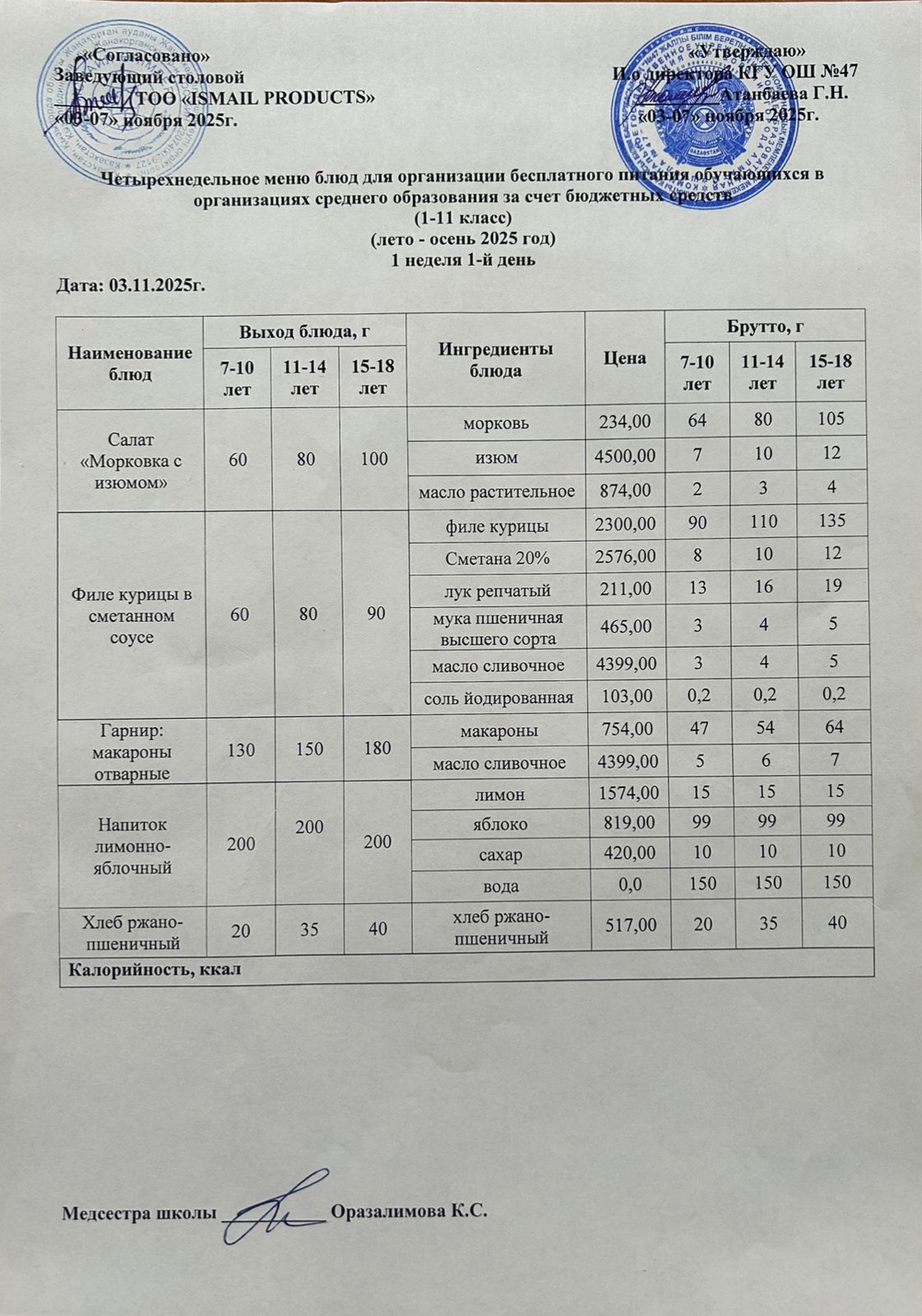 Ас мәзірі 1-апта 1-күн