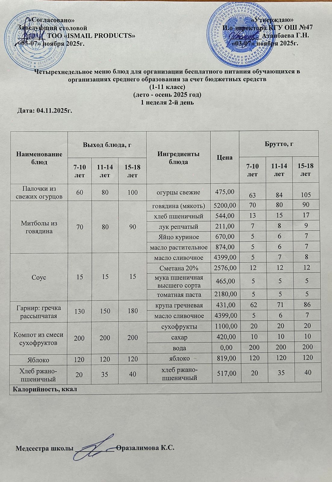 Ас мәзірі 1-апта 2-күн