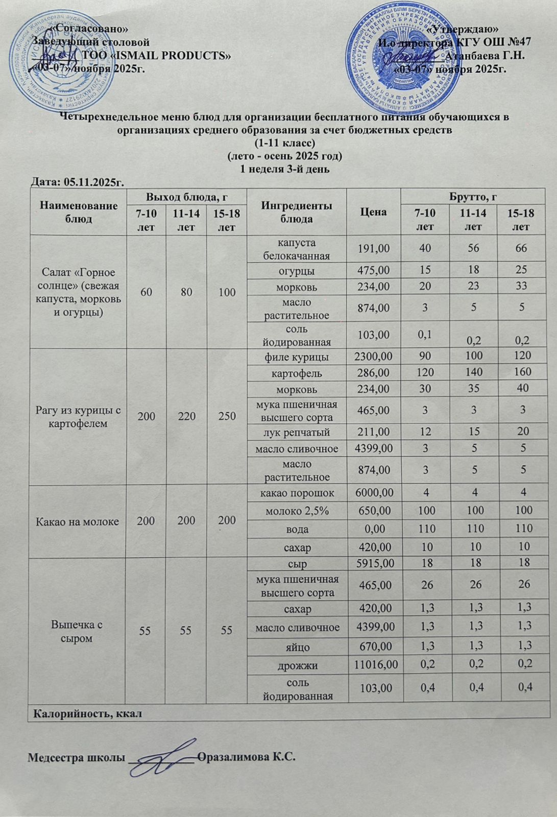 Ас мәзірі 1-апта 3-күн