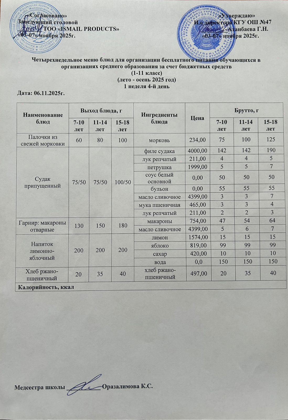 Ас мәзірі 1-апта 4-күн