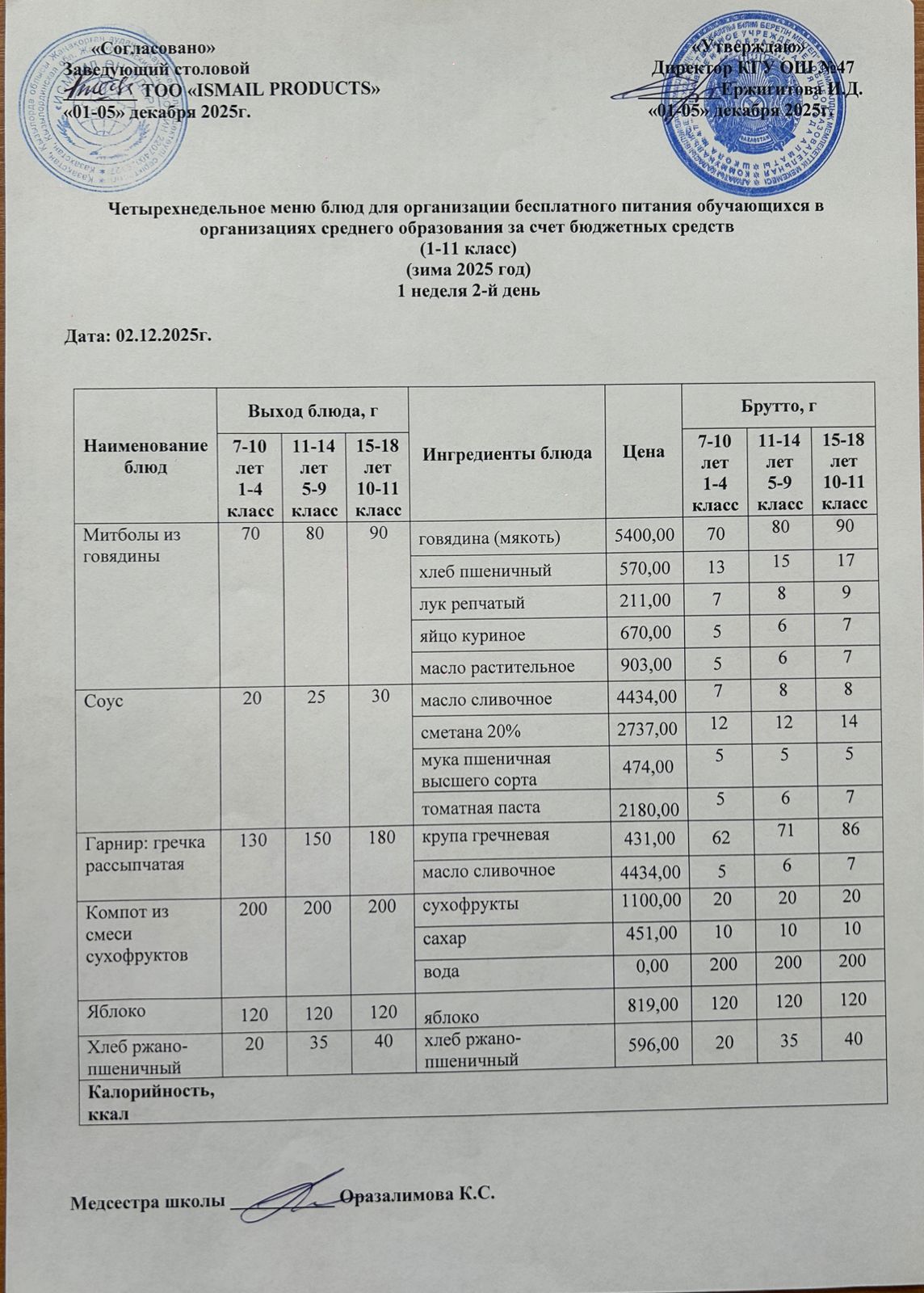 Ас мәзірі 1-апта 2-күн