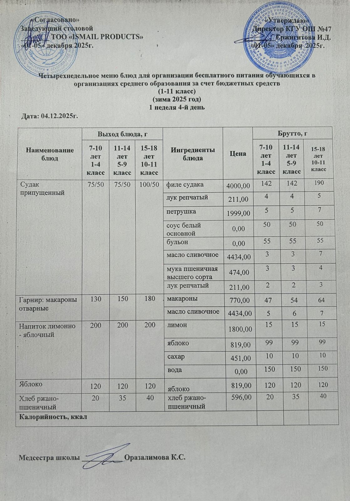 Ас мәзірі 1-апта 4-күн