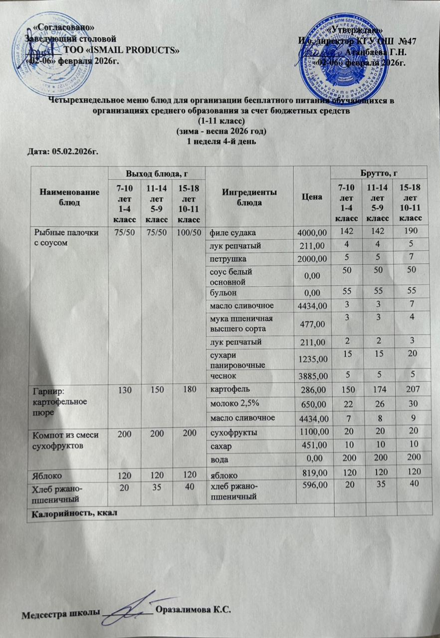 Ас мәзірі 1-апта 4-күн