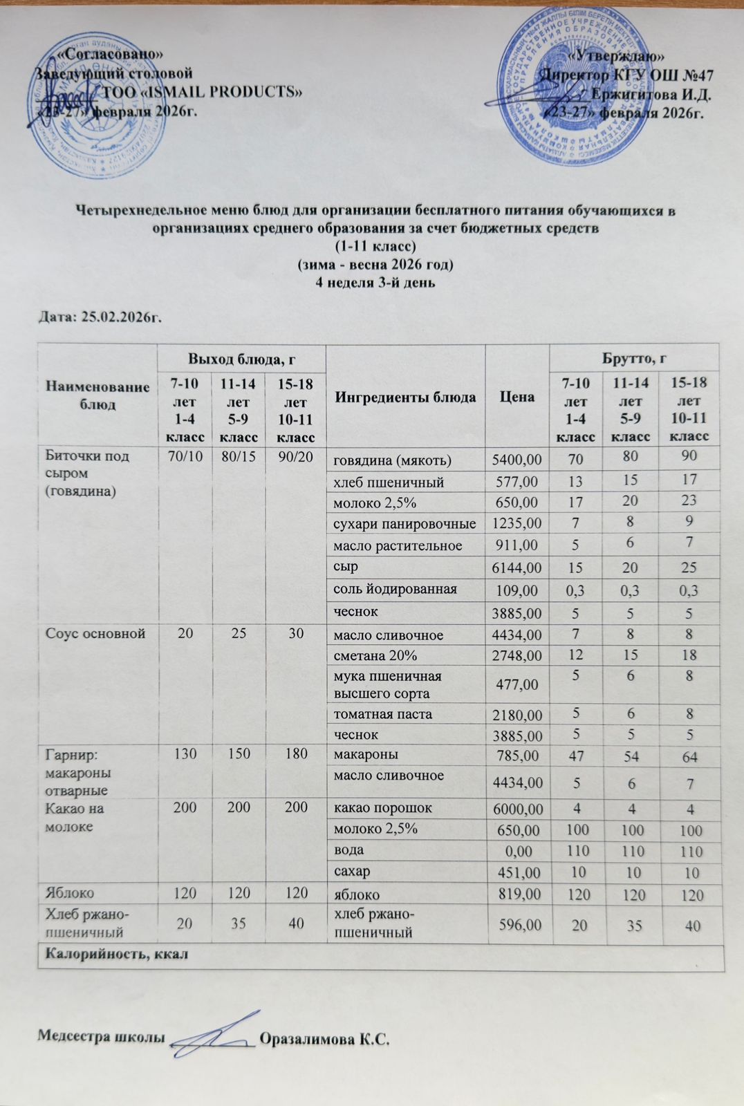 Ас мәзірі 4-апта 3-күн
